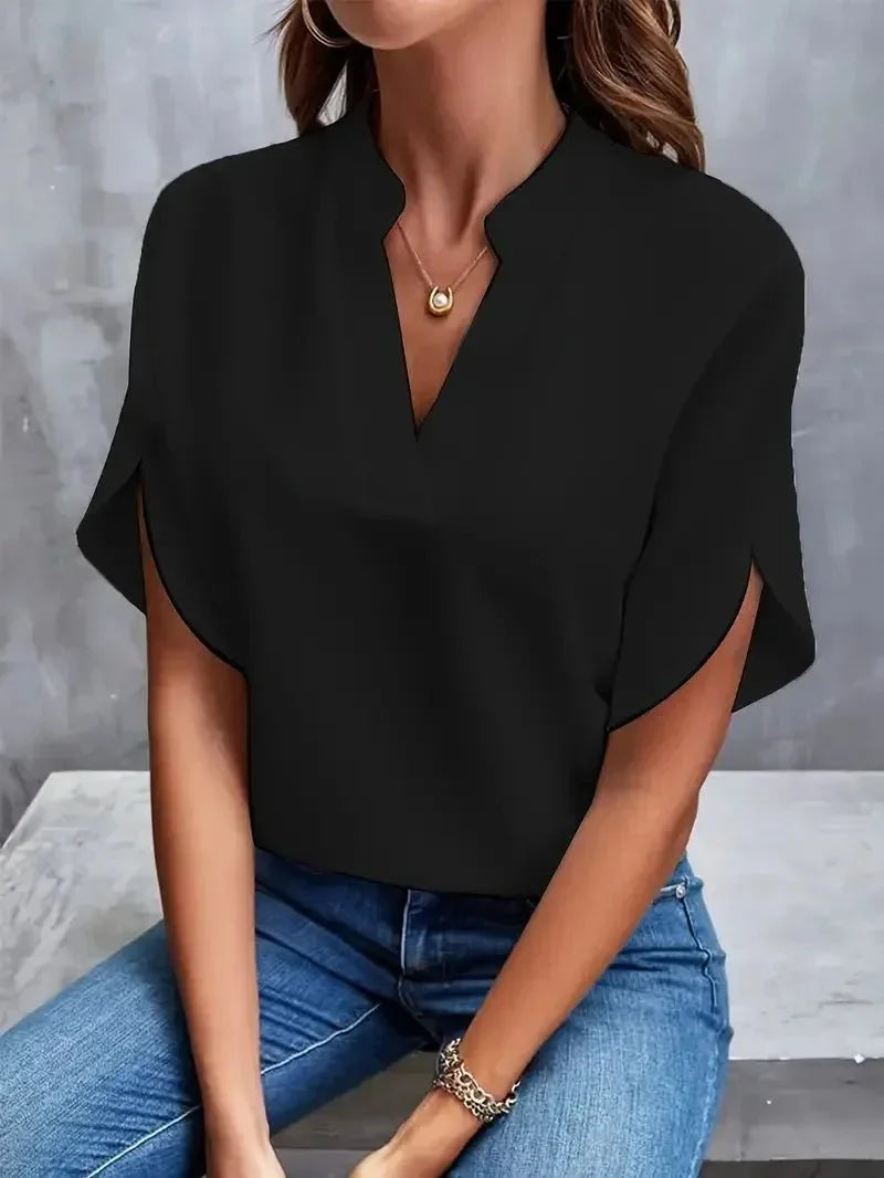 Women's Elegant Split Neck Blouse – Relaxed Fit with Draped Short Sleeves for Office and Smart Casual Wear