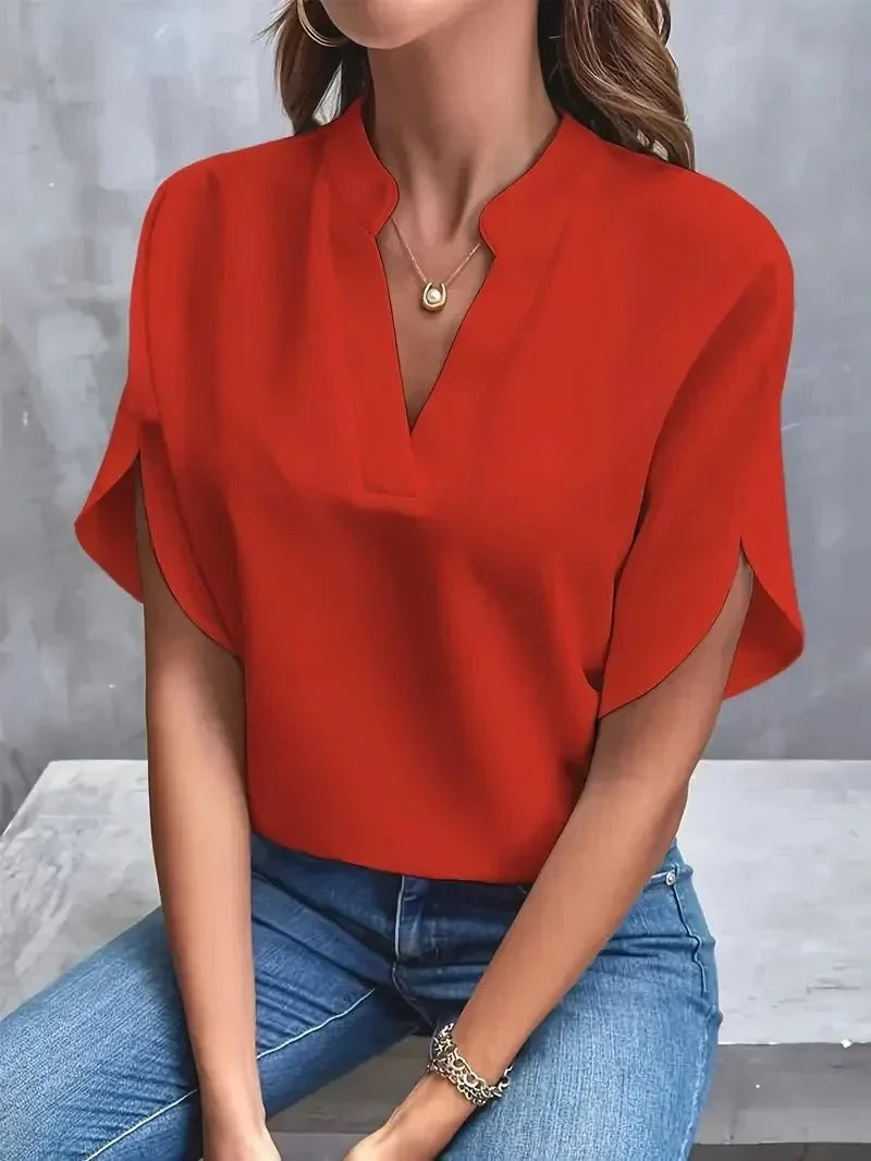 Women's Elegant Split Neck Blouse – Relaxed Fit with Draped Short Sleeves for Office and Smart Casual Wear