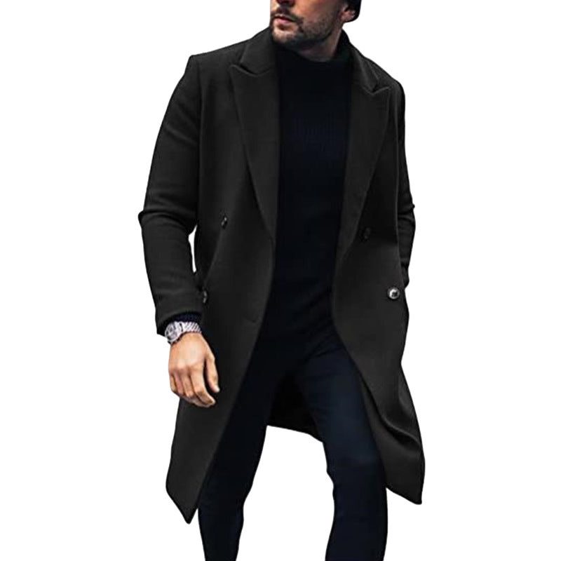 Wool Double-Breasted Long Overcoat for Men
