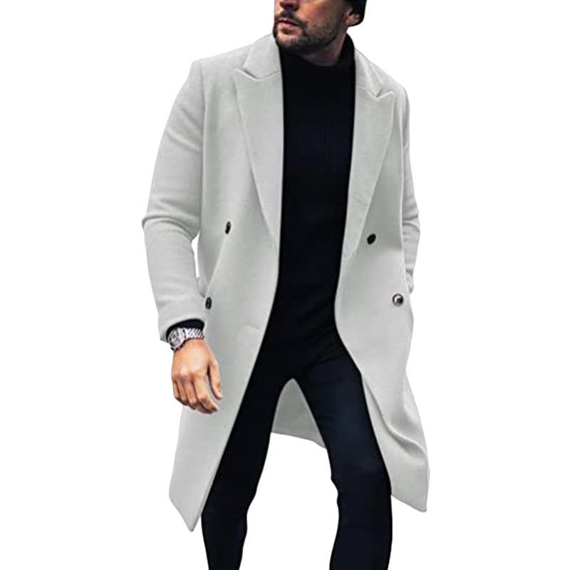 Wool Double-Breasted Long Overcoat for Men
