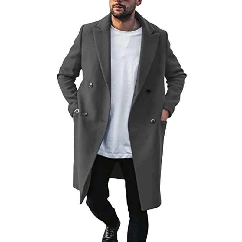 Wool Double-Breasted Long Overcoat for Men