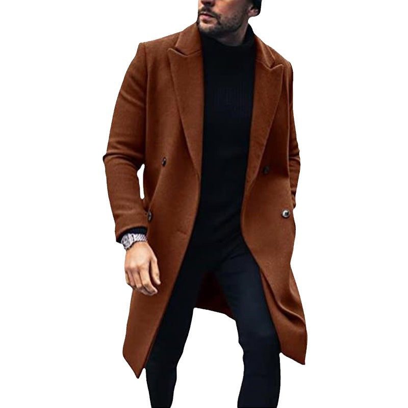 Wool Double-Breasted Long Overcoat for Men