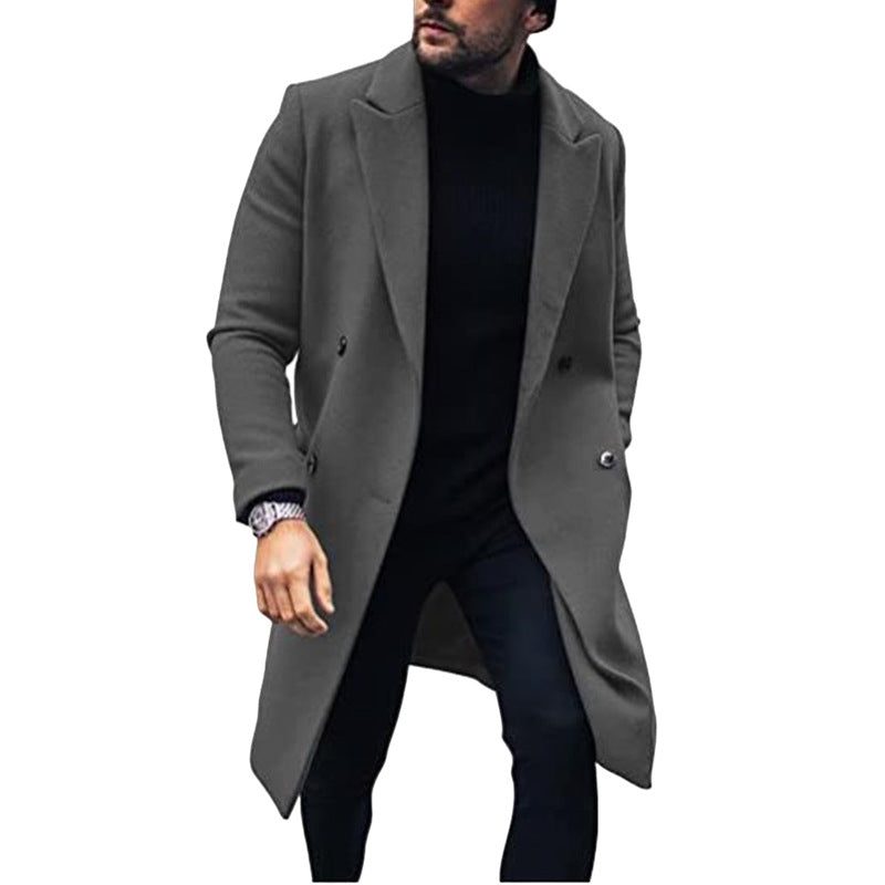 Wool Double-Breasted Long Overcoat for Men
