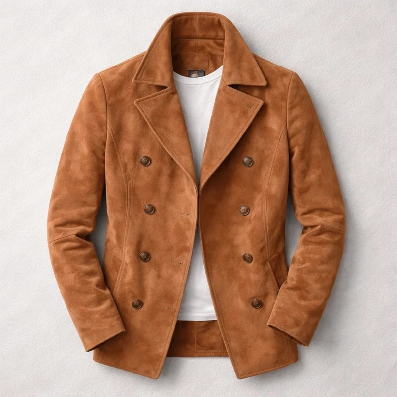 Double-Breasted Suede Jacket with Notch Lapel for Men