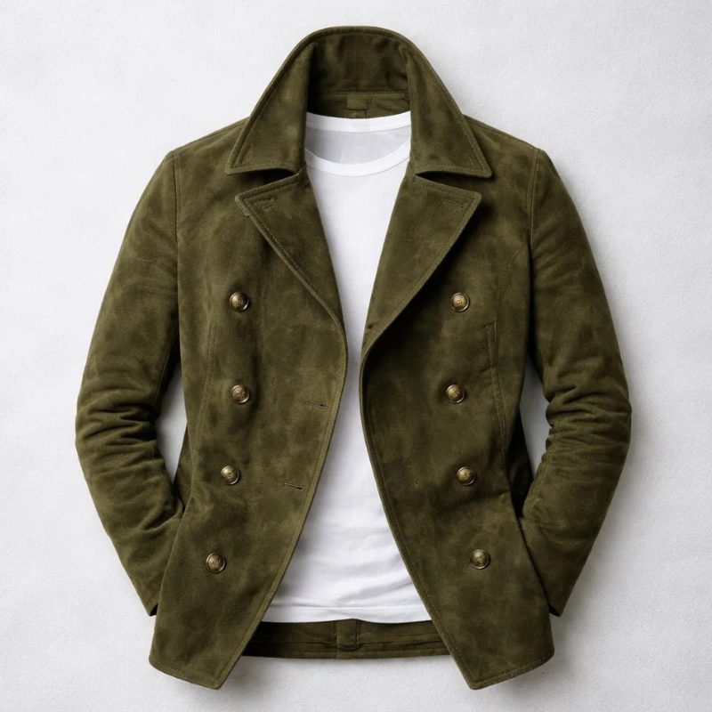 Double-Breasted Suede Jacket with Notch Lapel for Men