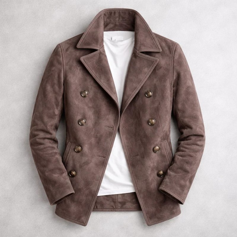 Double-Breasted Suede Jacket with Notch Lapel for Men