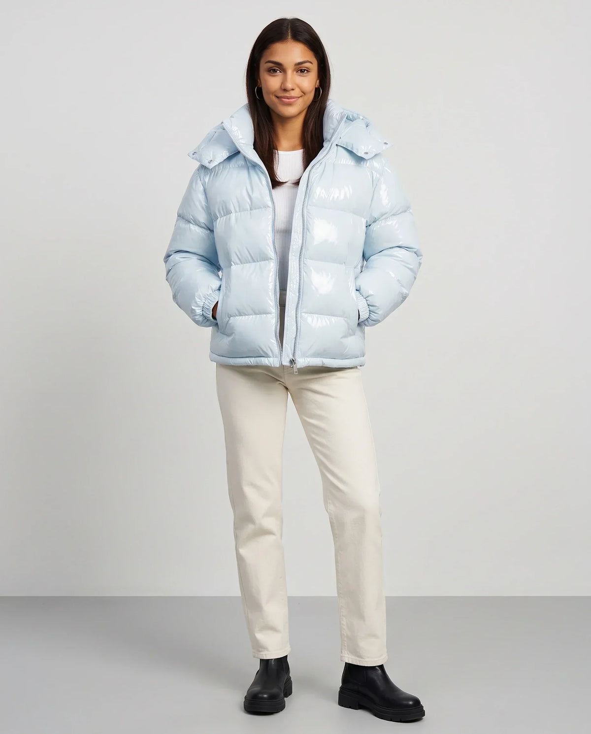 Short Shiny Hooded Puffer Jacket with Puffy Channels