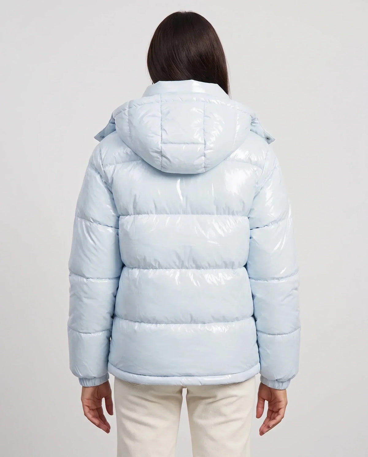 Short Shiny Hooded Puffer Jacket with Puffy Channels
