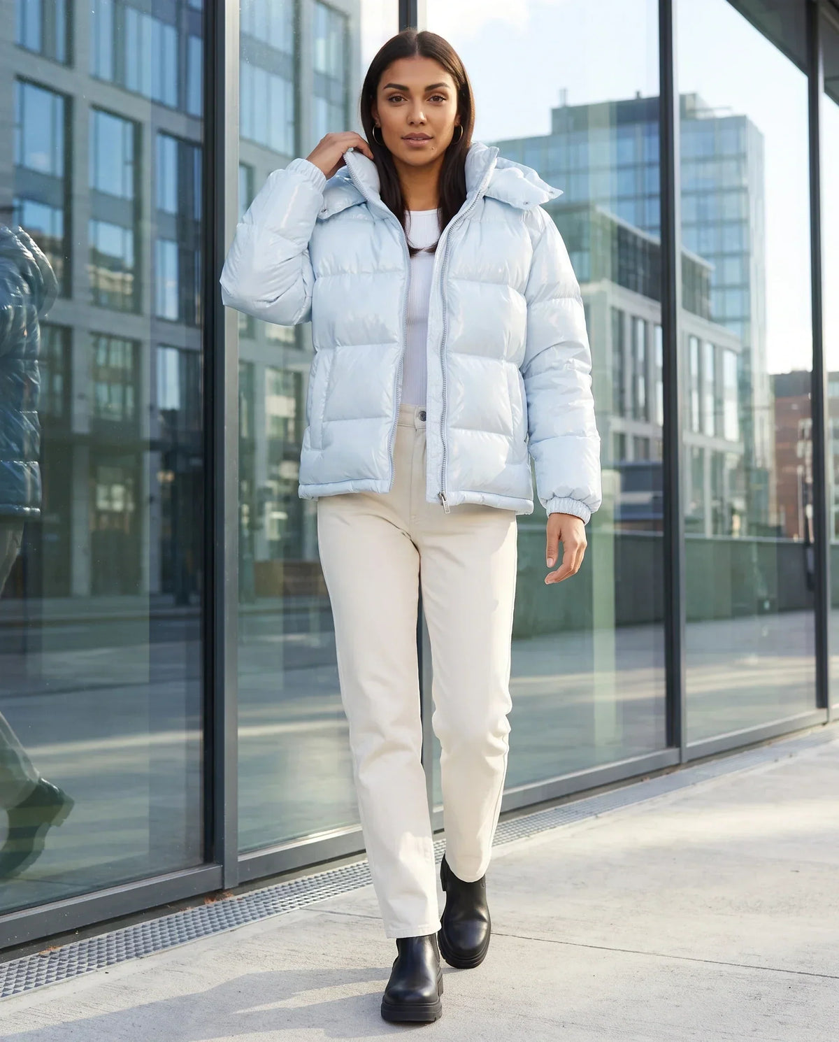Short Shiny Hooded Puffer Jacket with Puffy Channels