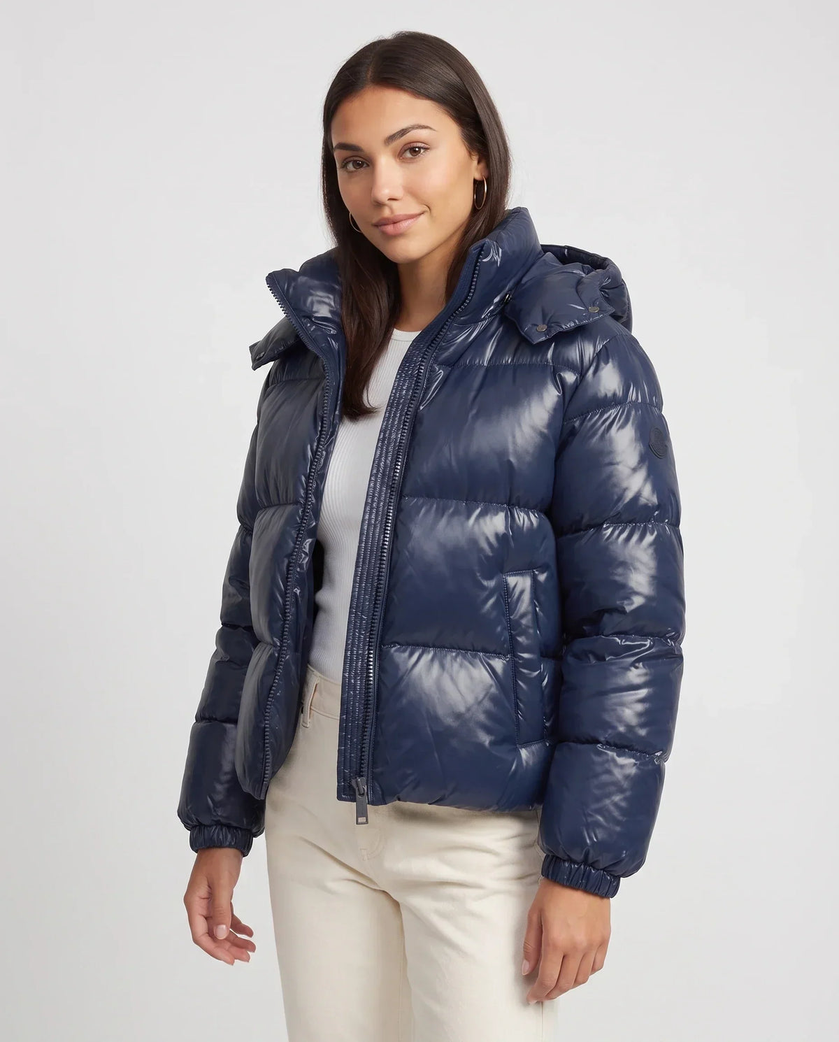 Short Shiny Hooded Puffer Jacket with Puffy Channels