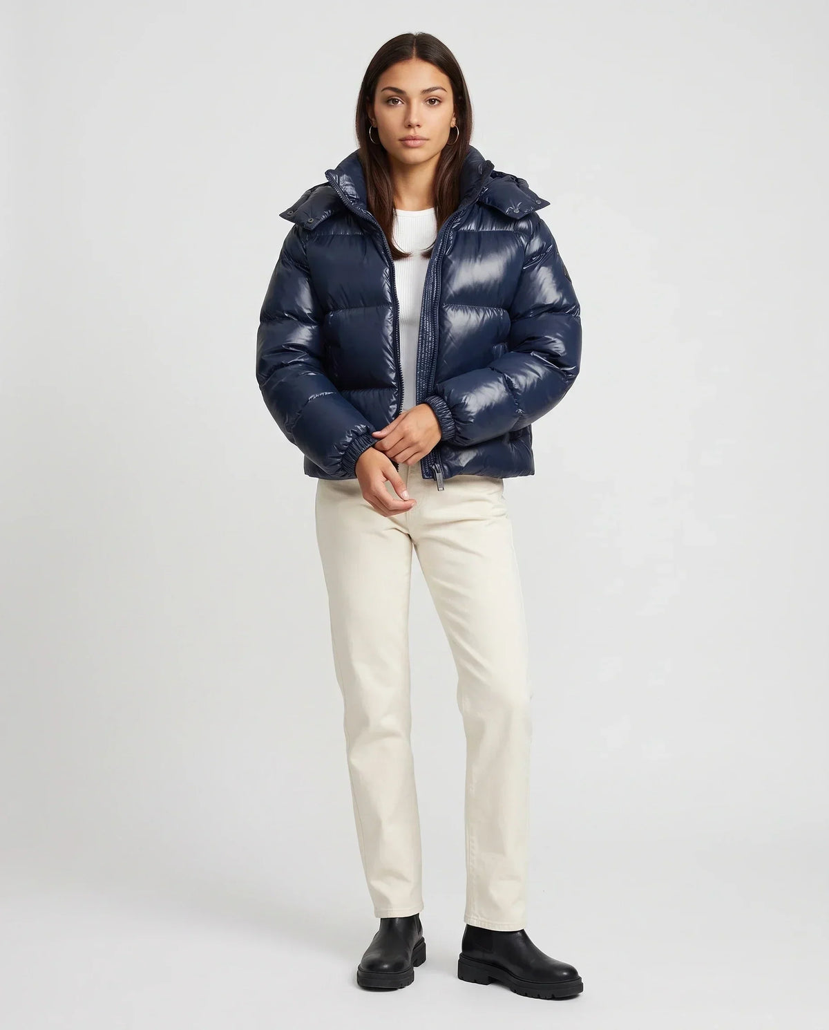 Short Shiny Hooded Puffer Jacket with Puffy Channels
