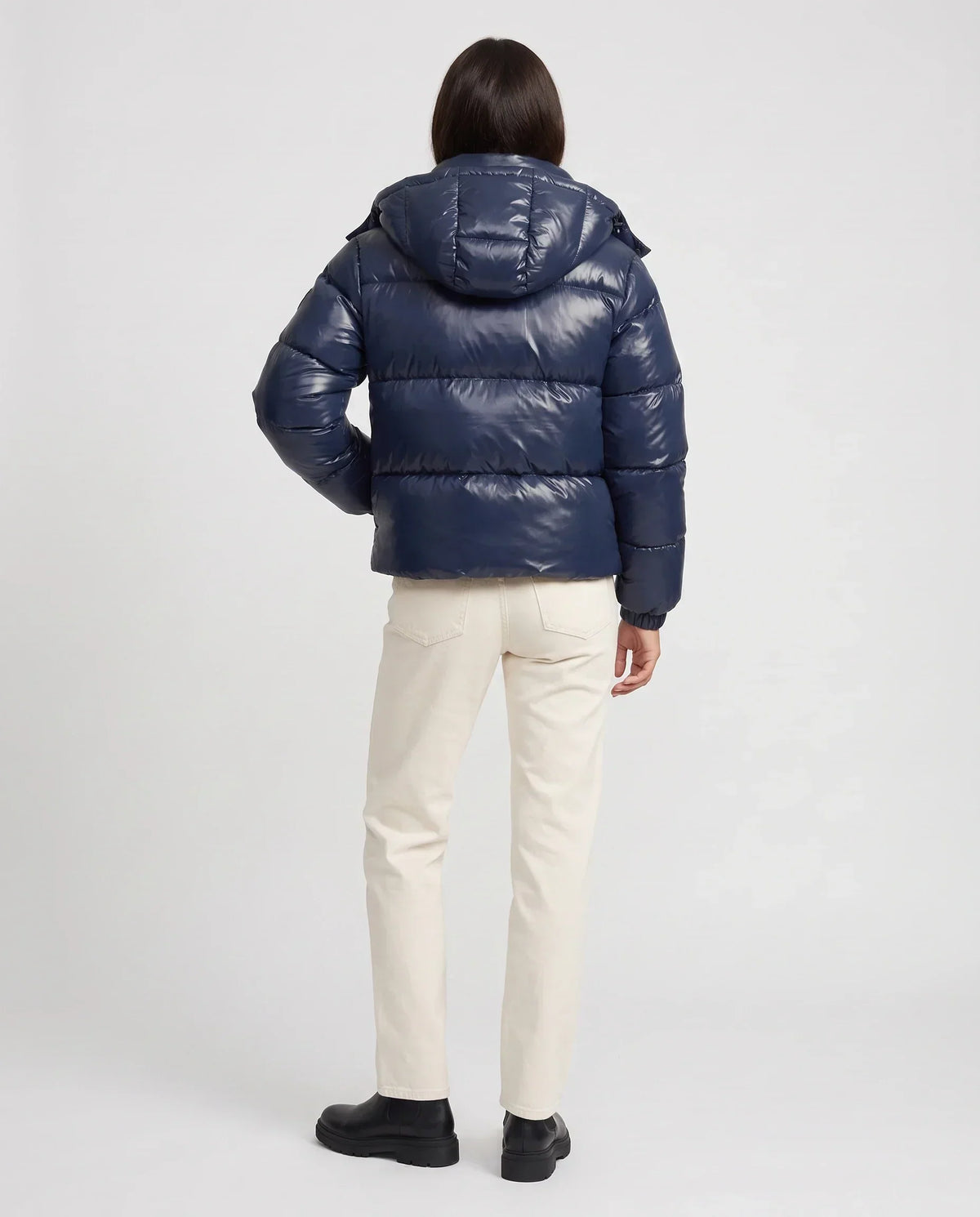 Short Shiny Hooded Puffer Jacket with Puffy Channels