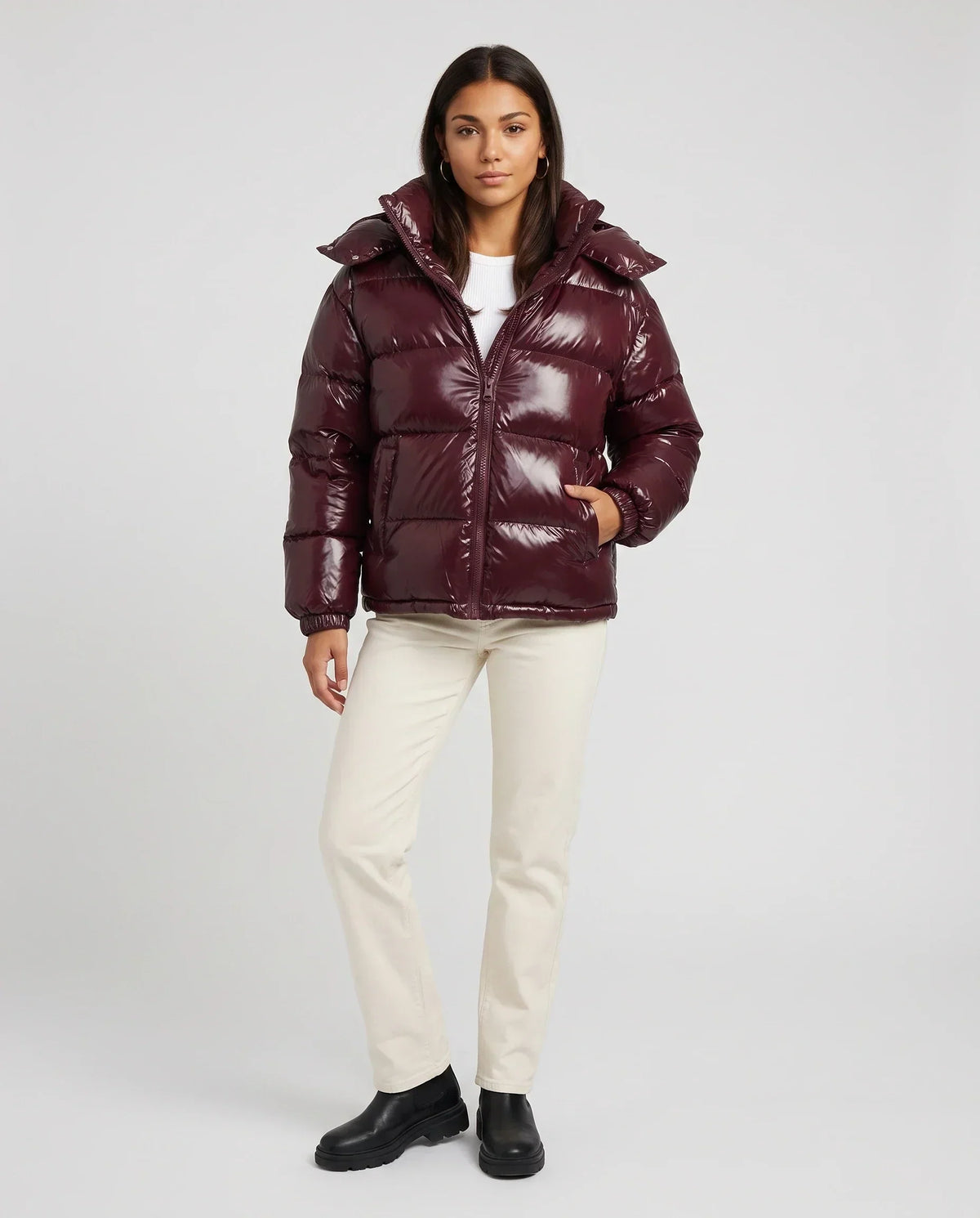Short Shiny Hooded Puffer Jacket with Puffy Channels