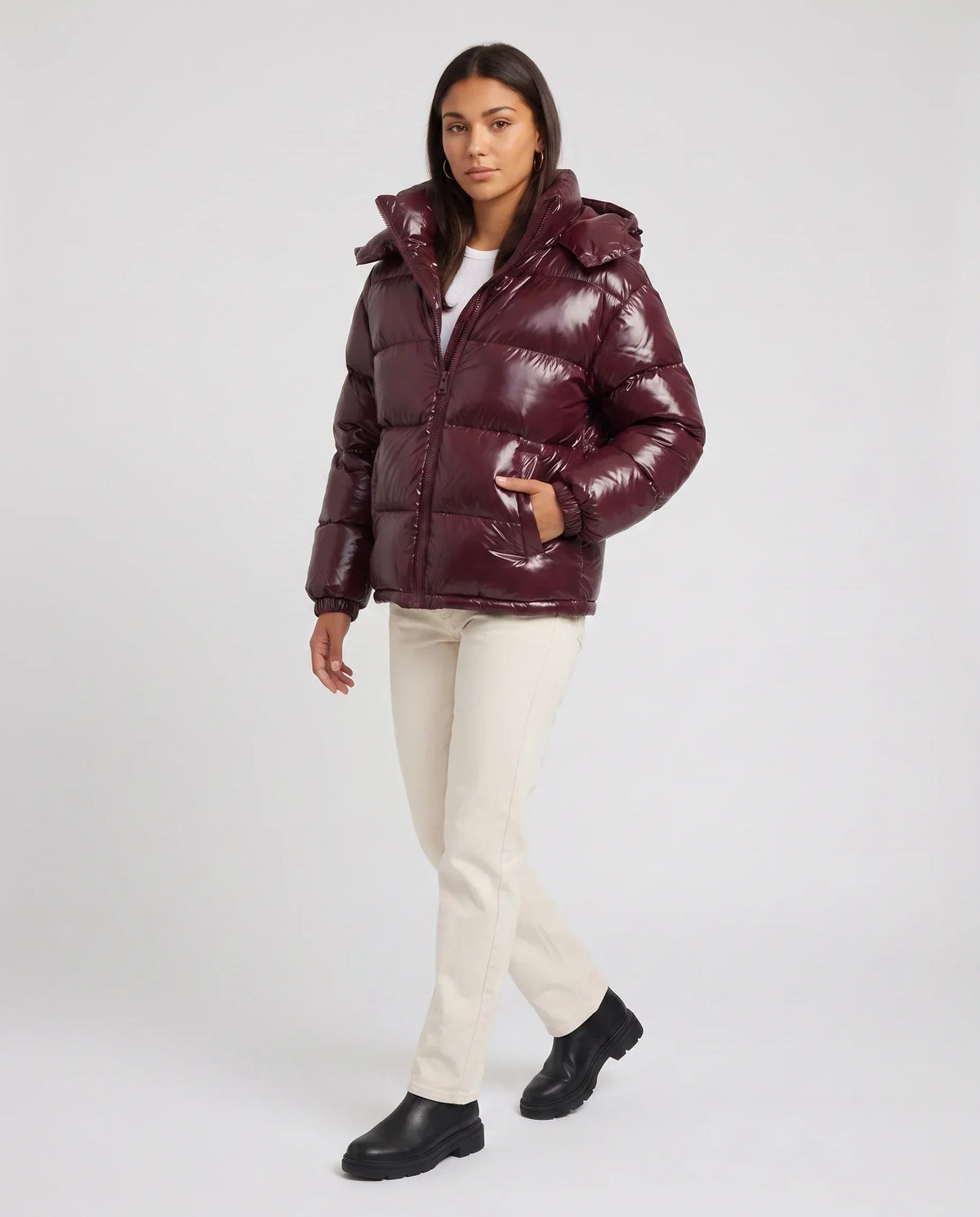 Short Shiny Hooded Puffer Jacket with Puffy Channels