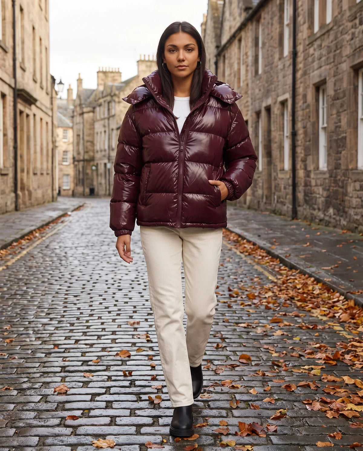 Short Shiny Hooded Puffer Jacket with Puffy Channels