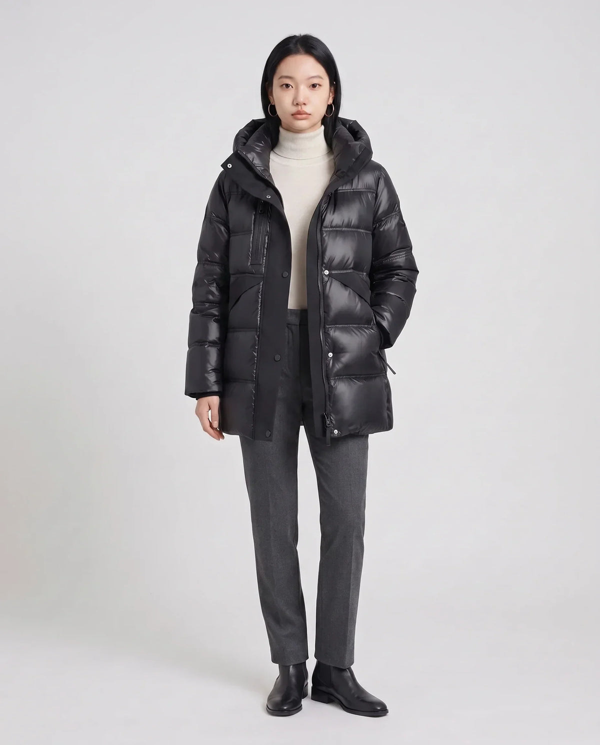 Shiny Hooded Puffer Jacket with Popper Placket