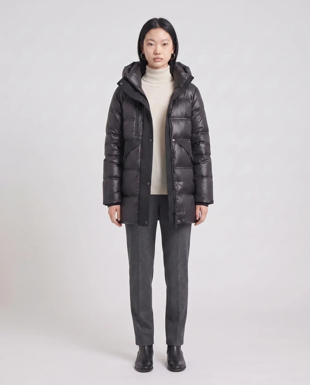 Shiny Hooded Puffer Jacket with Popper Placket