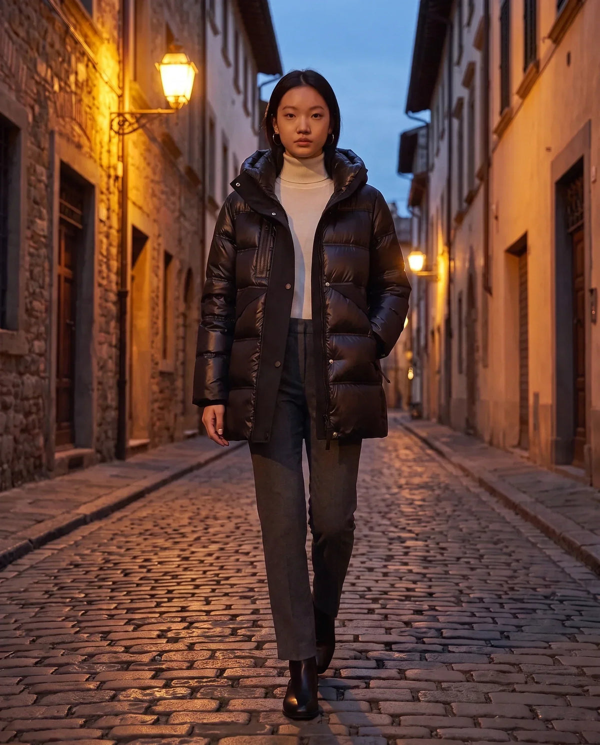 Shiny Hooded Puffer Jacket with Popper Placket