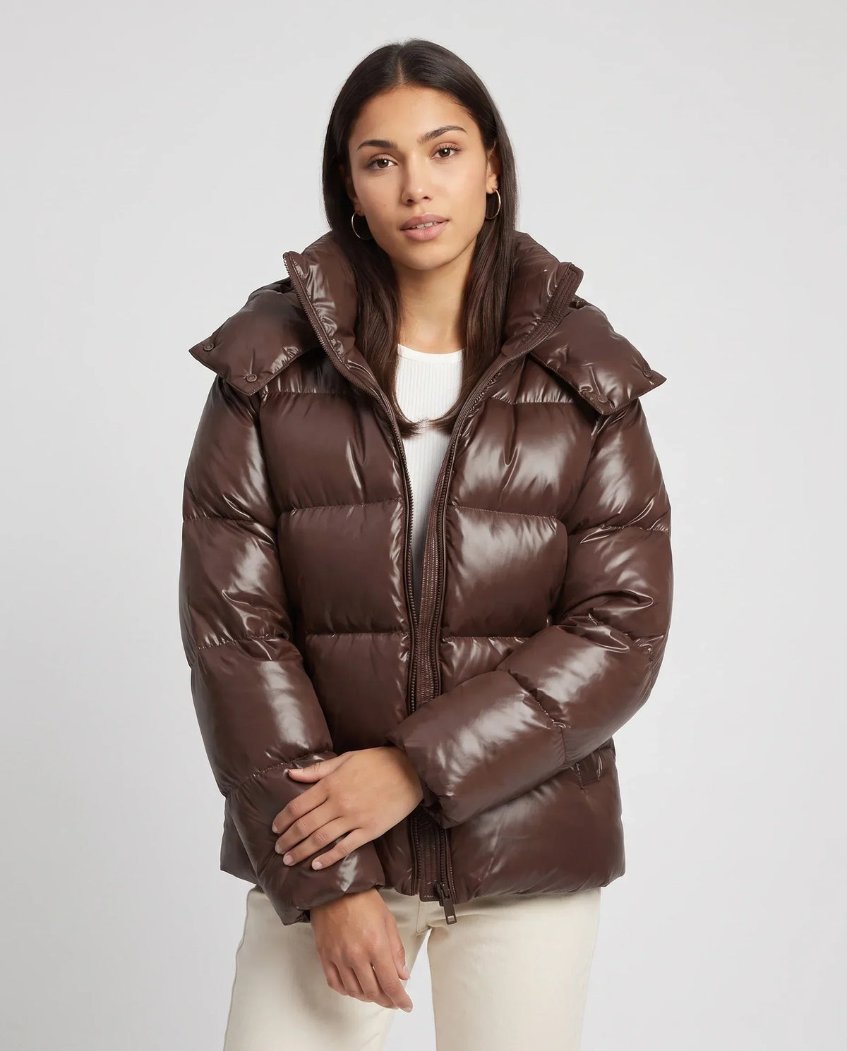 Short Shiny Hooded Puffer Jacket with Puffy Channels