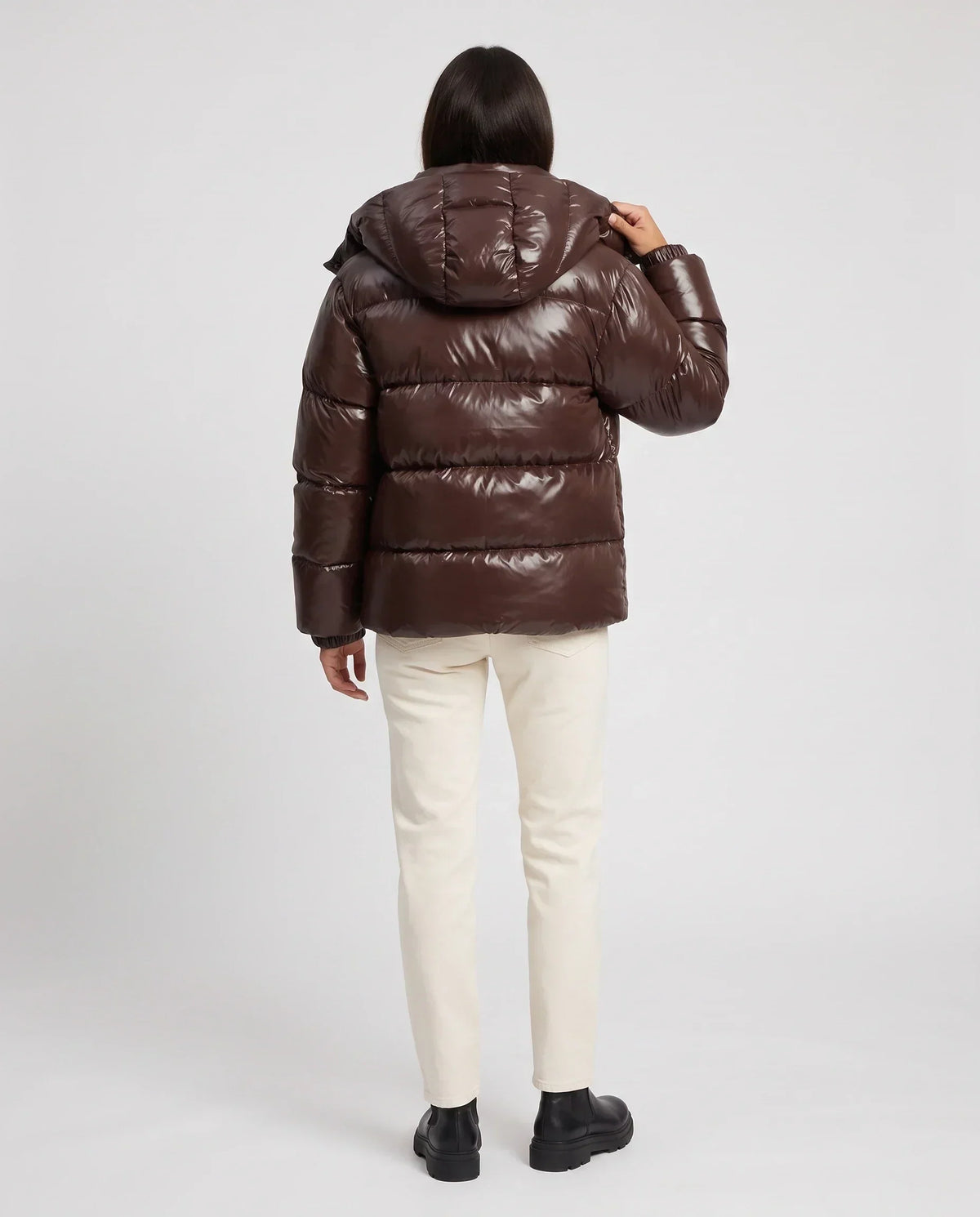 Short Shiny Hooded Puffer Jacket with Puffy Channels