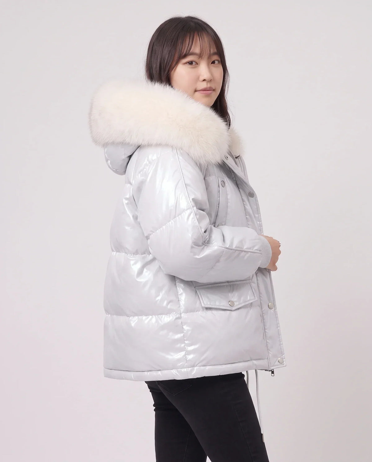 Short Shiny Puffer Jacket with Faux Fur Collar