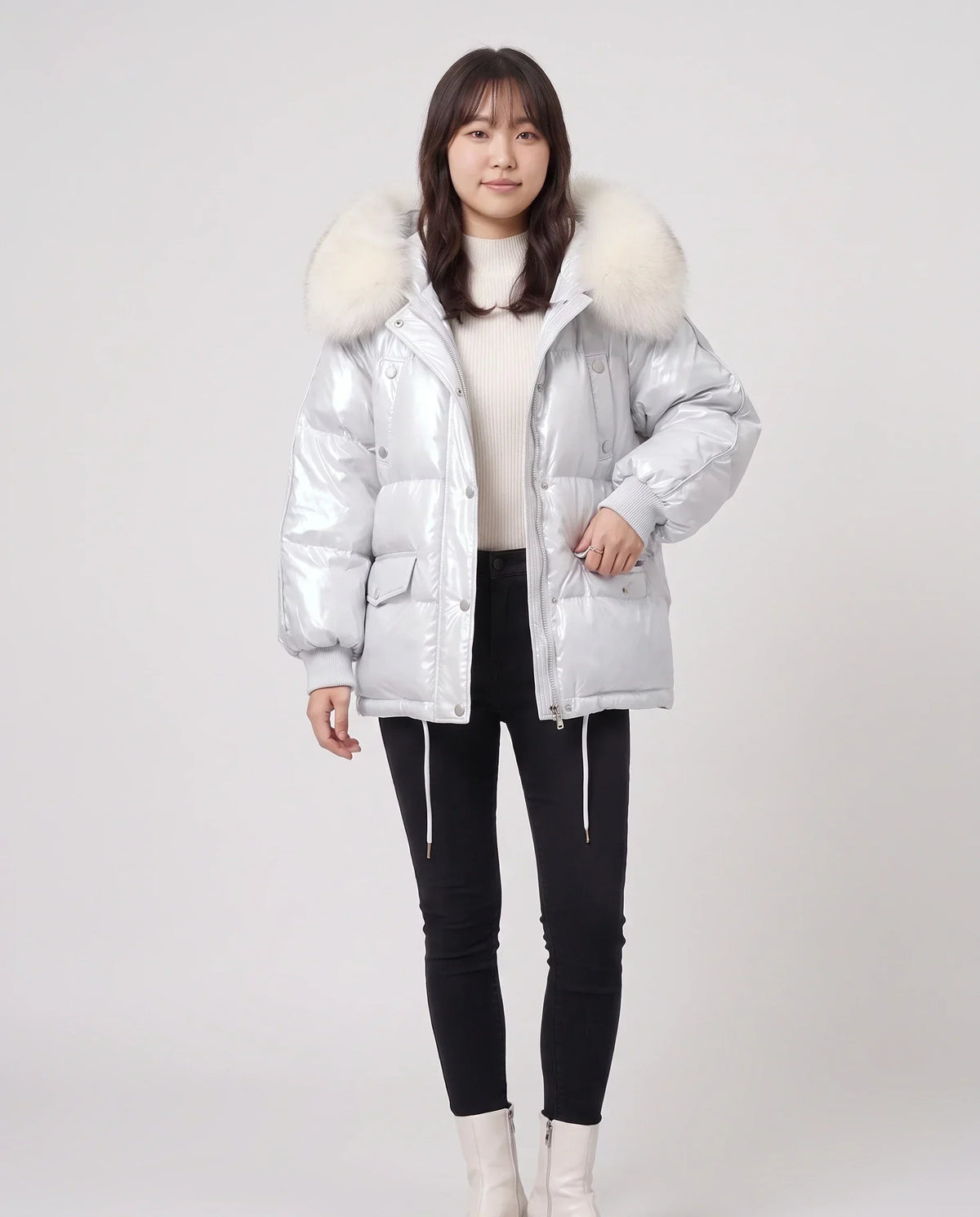 Short Shiny Puffer Jacket with Faux Fur Collar