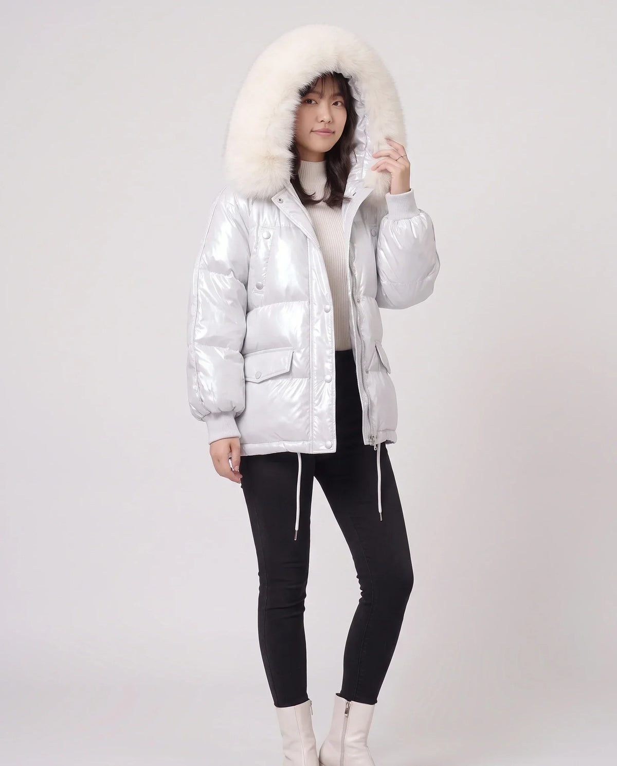 Short Shiny Puffer Jacket with Faux Fur Collar