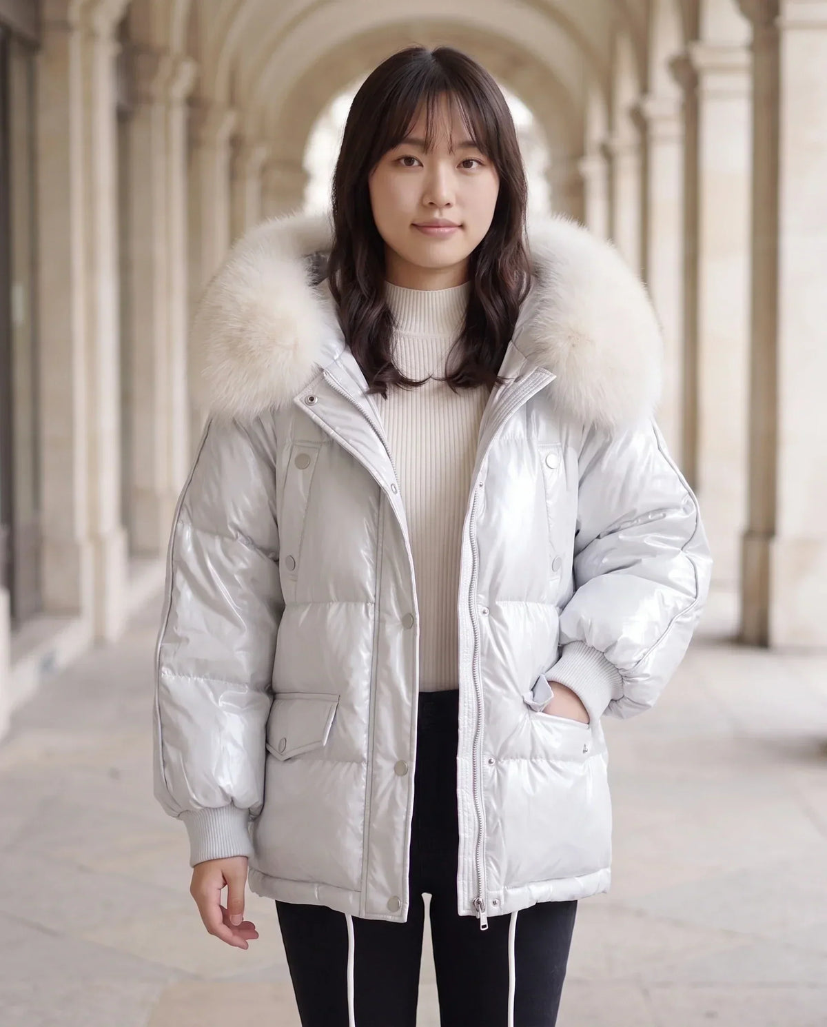 Short Shiny Puffer Jacket with Faux Fur Collar