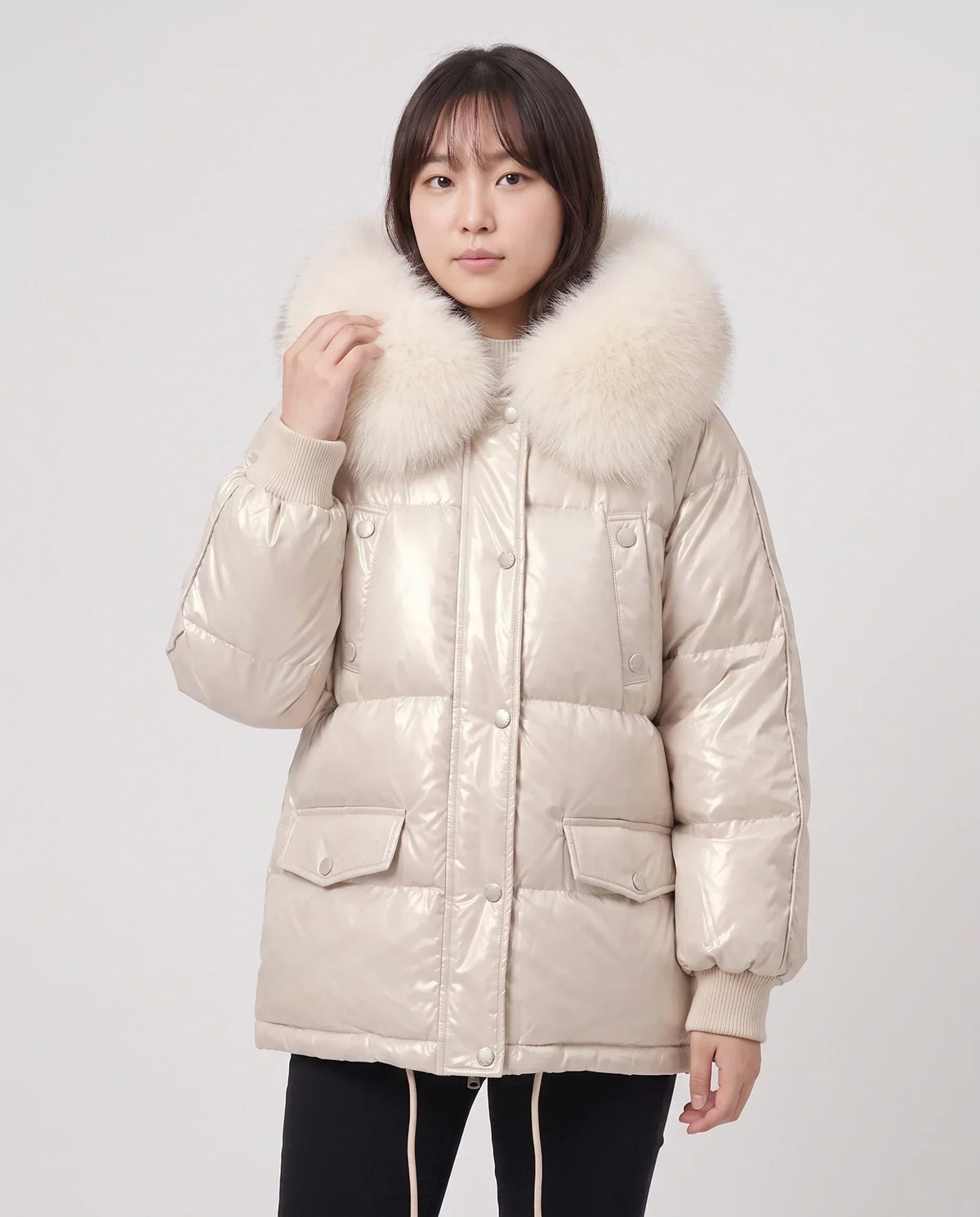 Short Shiny Puffer Jacket with Faux Fur Collar
