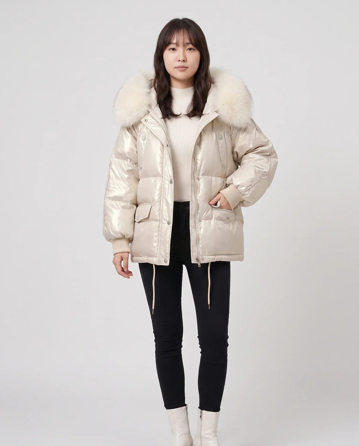 Short Shiny Puffer Jacket with Faux Fur Collar
