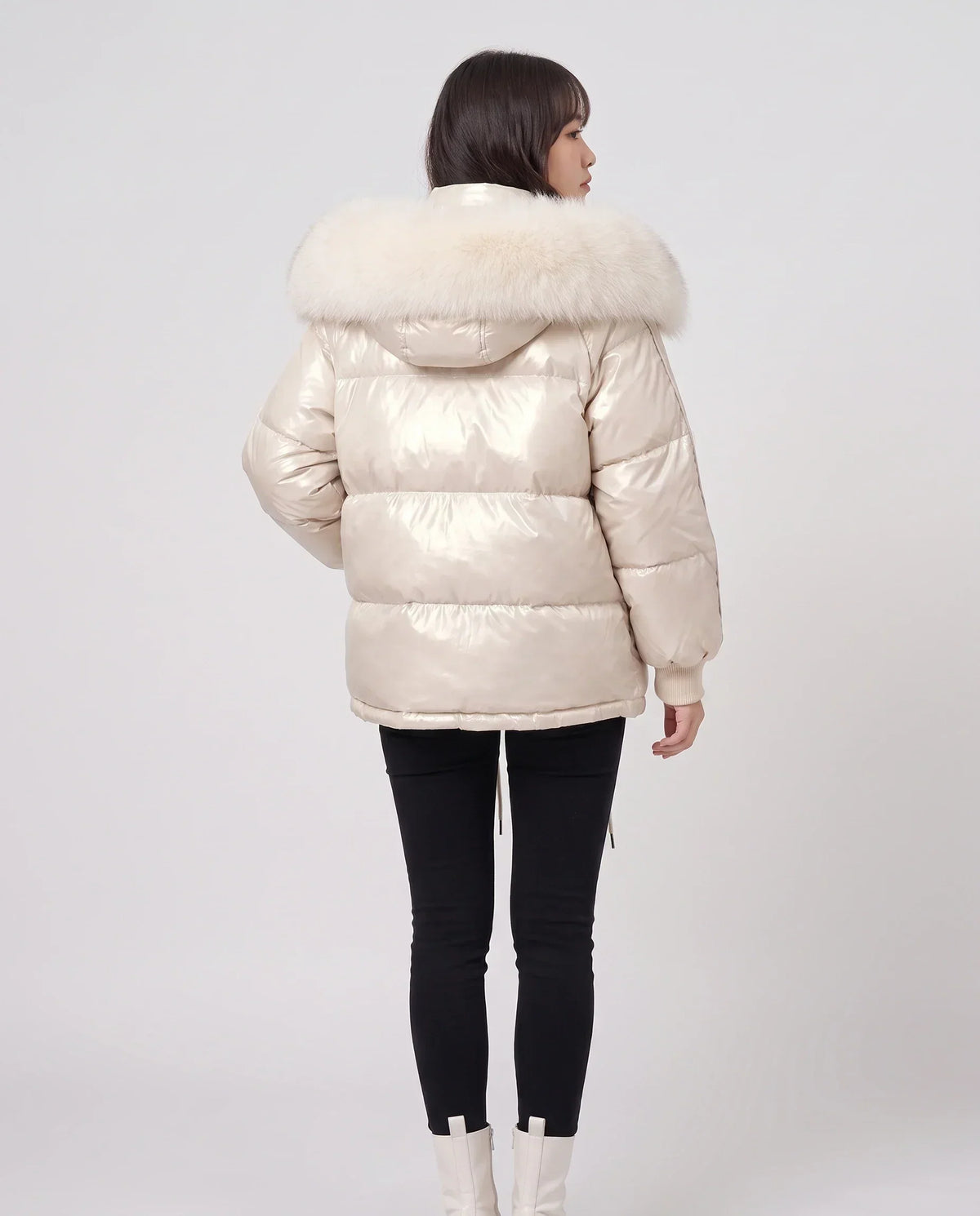 Short Shiny Puffer Jacket with Faux Fur Collar