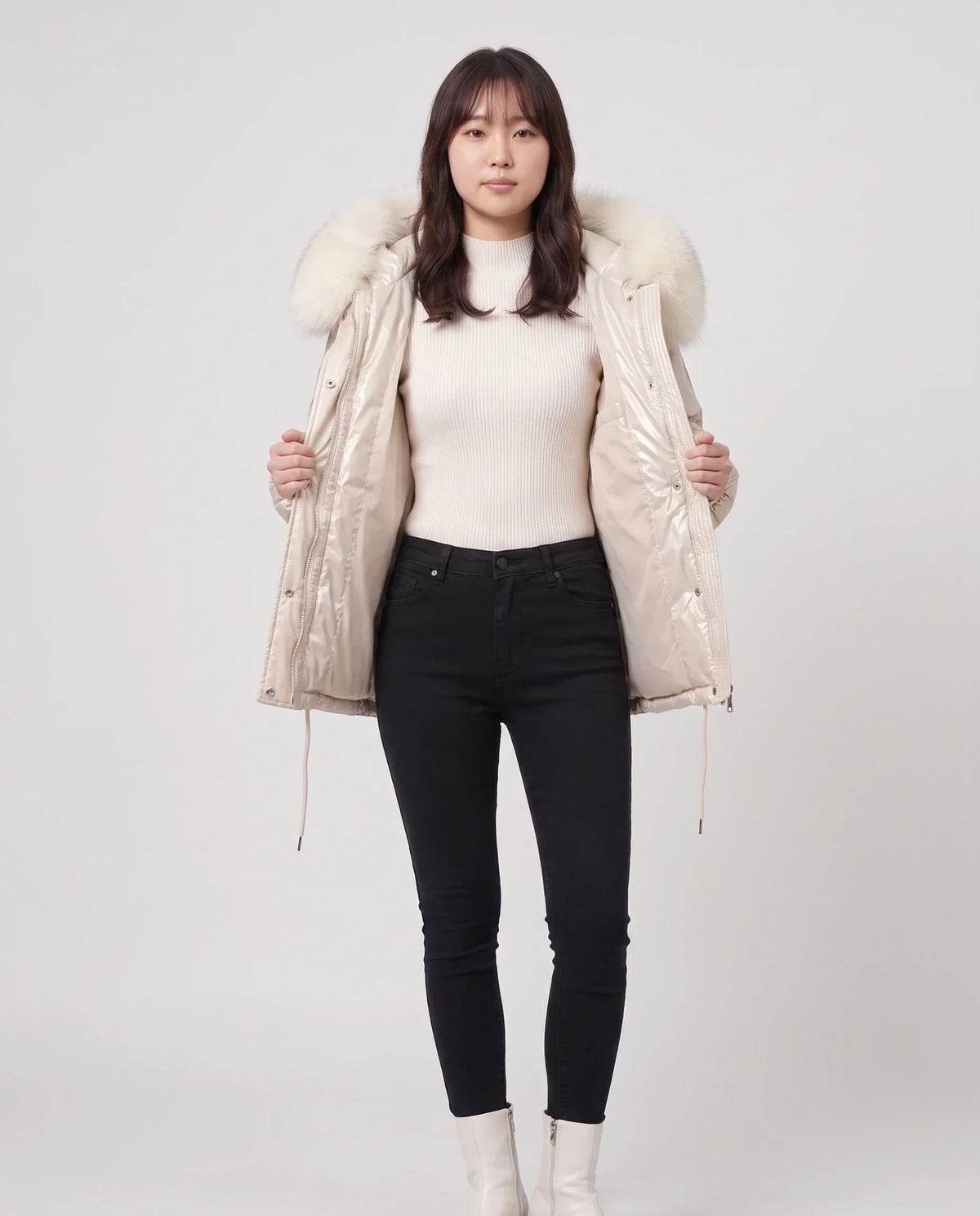 Short Shiny Puffer Jacket with Faux Fur Collar