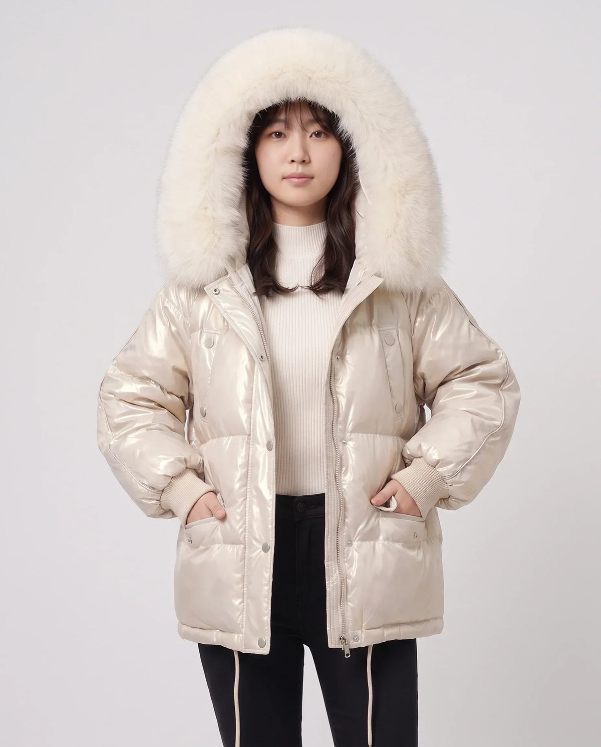 Short Shiny Puffer Jacket with Faux Fur Collar
