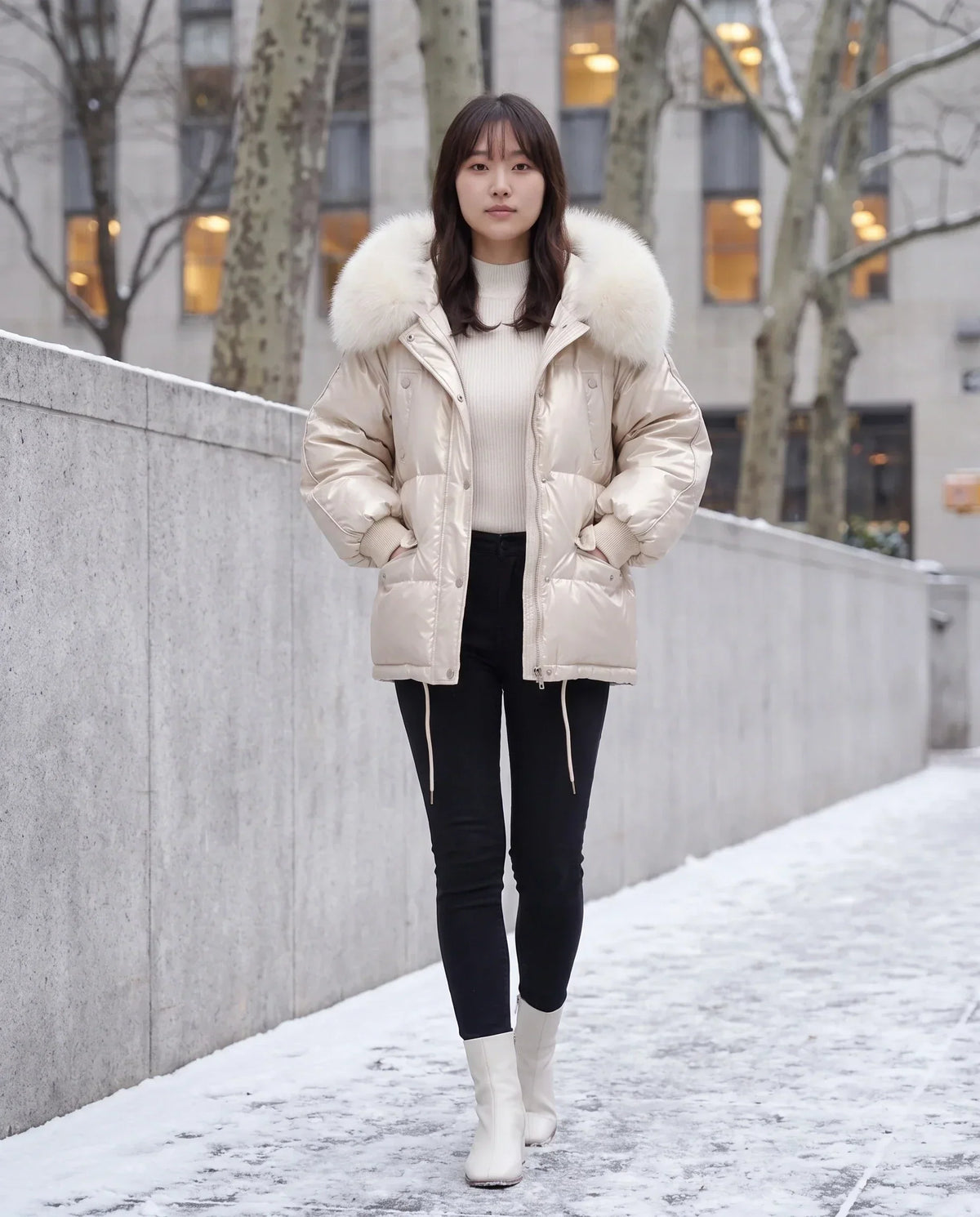 Short Shiny Puffer Jacket with Faux Fur Collar