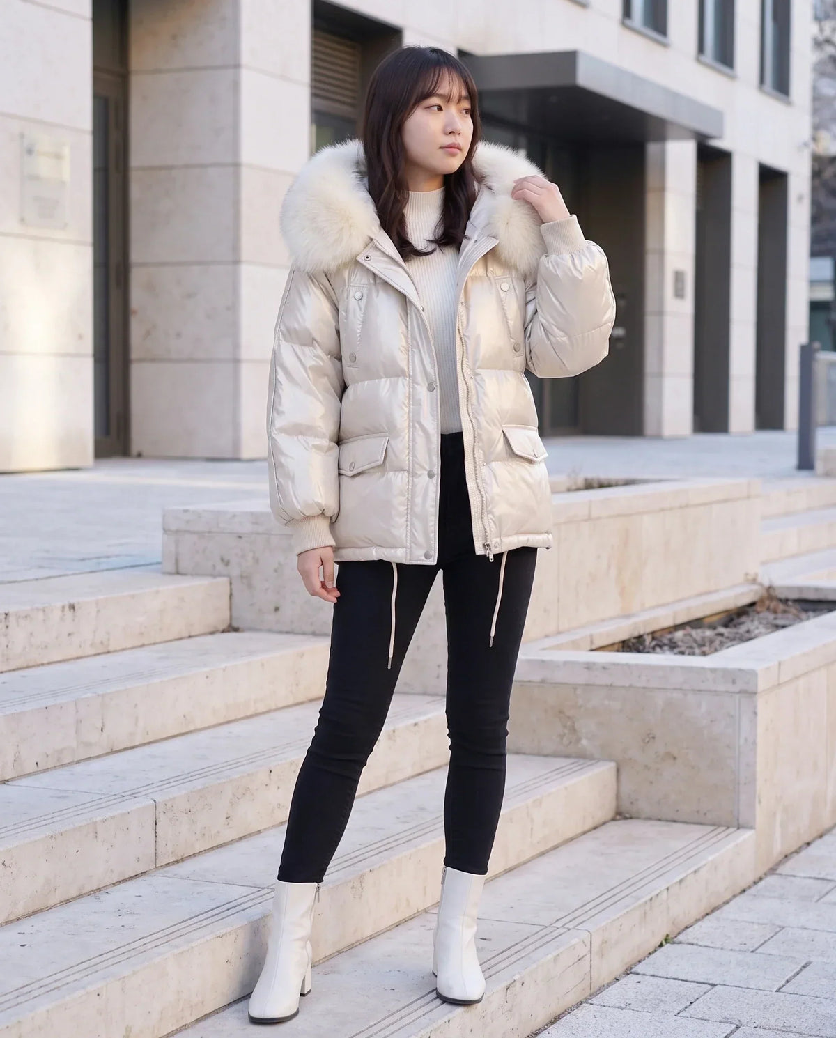 Short Shiny Puffer Jacket with Faux Fur Collar