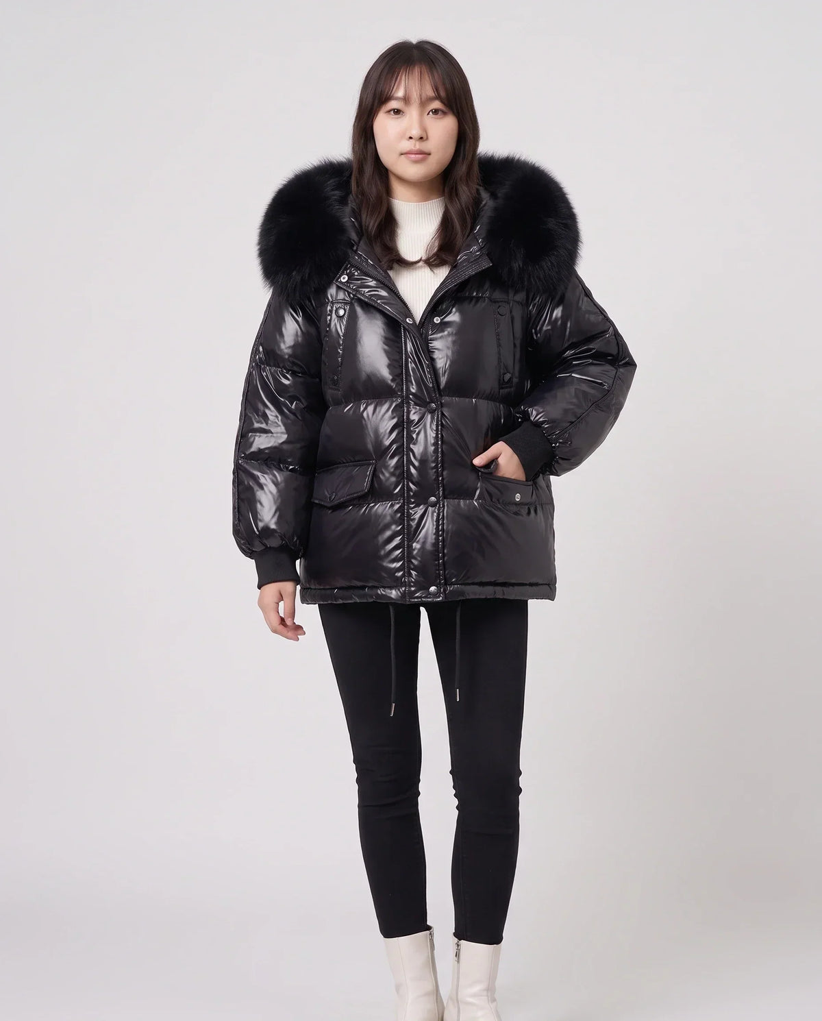 Short Shiny Puffer Jacket with Faux Fur Collar