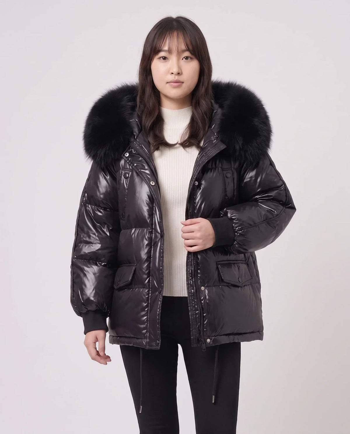 Short Shiny Puffer Jacket with Faux Fur Collar