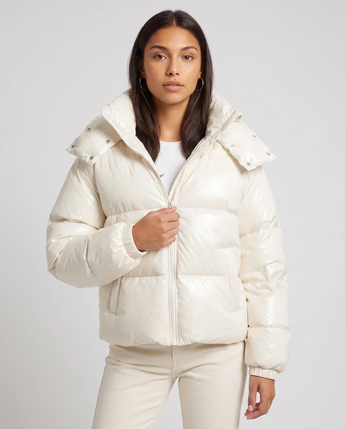 Short Shiny Hooded Puffer Jacket with Puffy Channels
