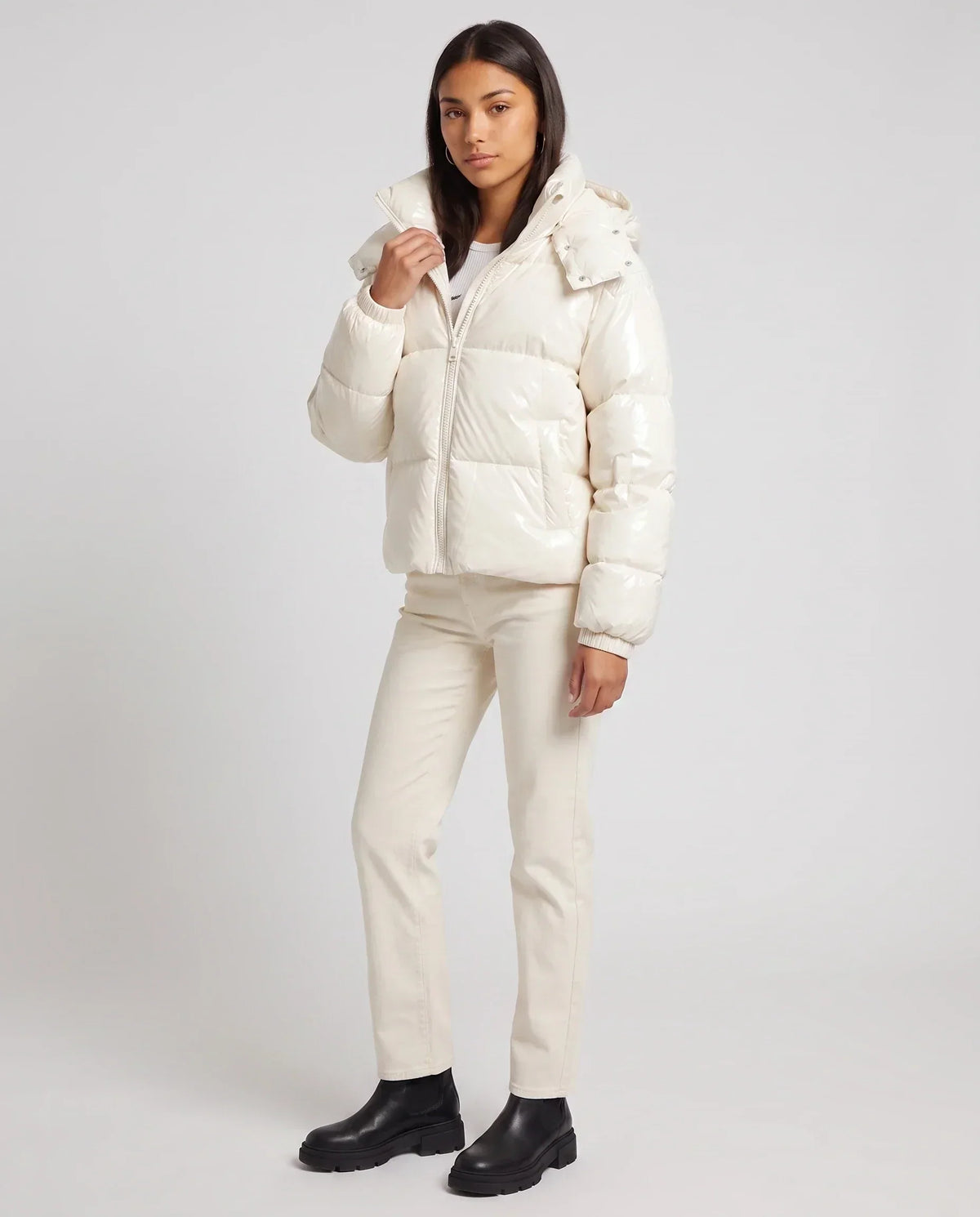 Short Shiny Hooded Puffer Jacket with Puffy Channels