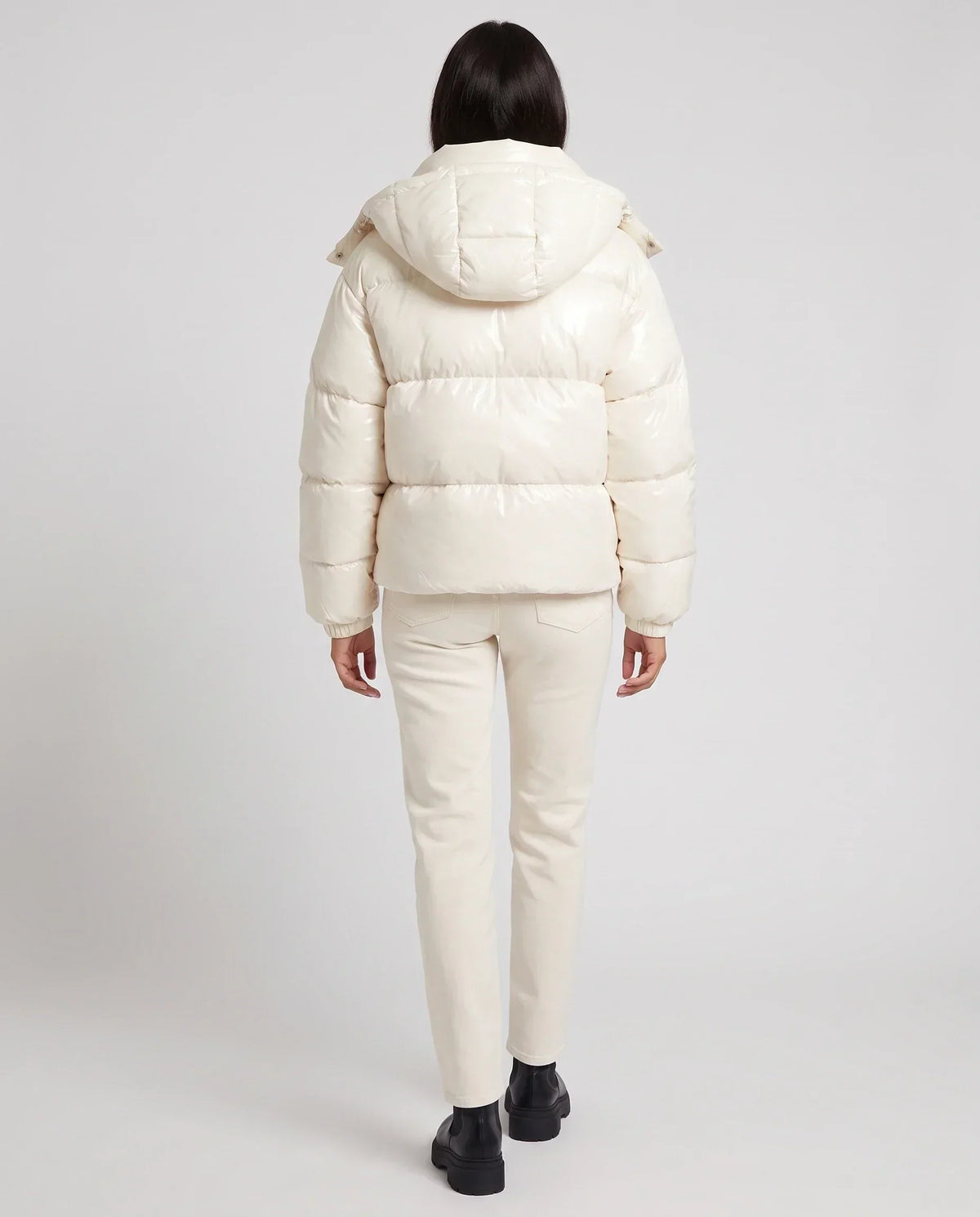 Short Shiny Hooded Puffer Jacket with Puffy Channels