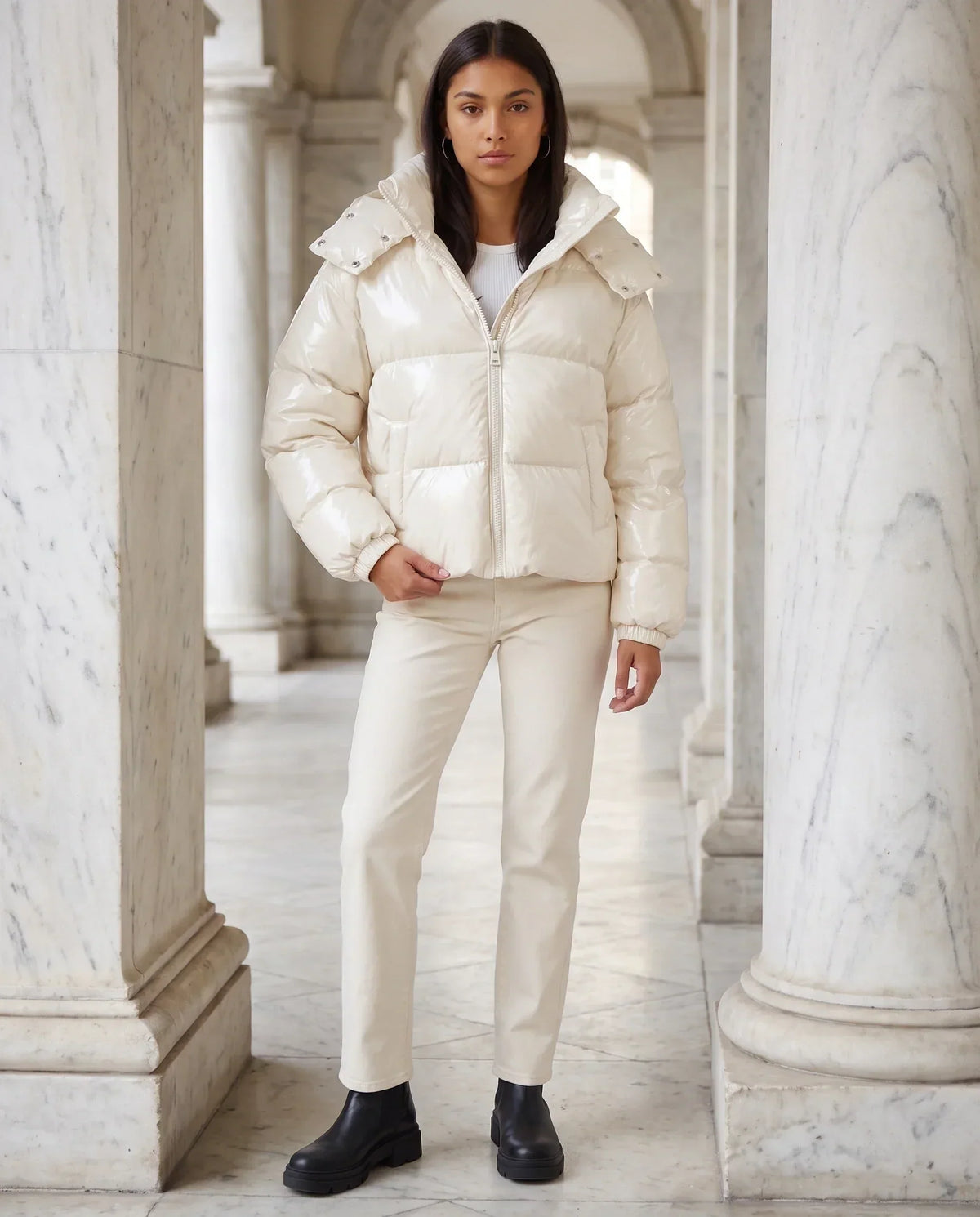 Short Shiny Hooded Puffer Jacket with Puffy Channels