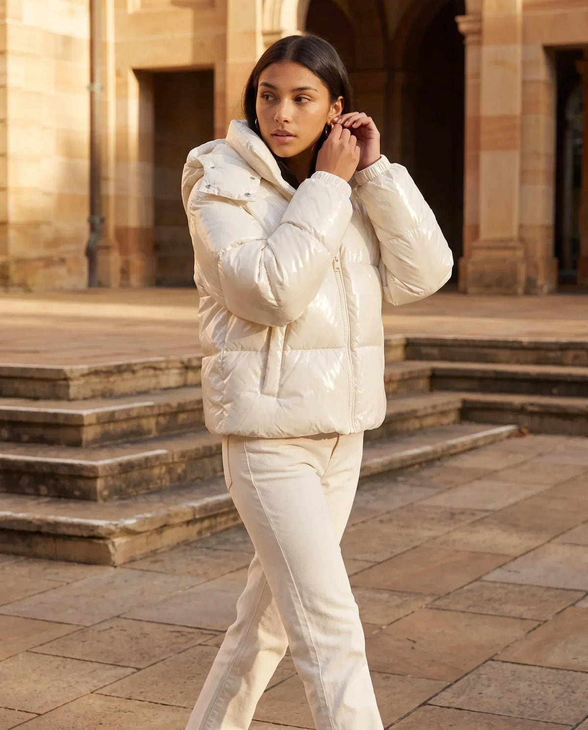 Short Shiny Hooded Puffer Jacket with Puffy Channels