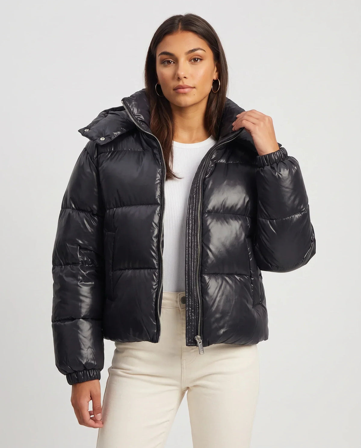 Short Shiny Hooded Puffer Jacket with Puffy Channels