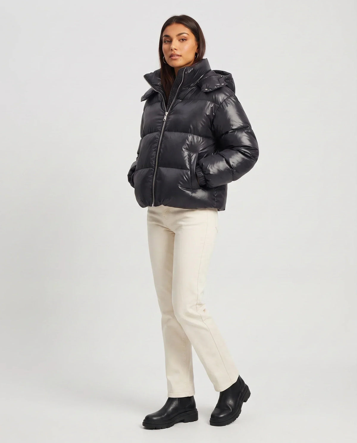 Short Shiny Hooded Puffer Jacket with Puffy Channels