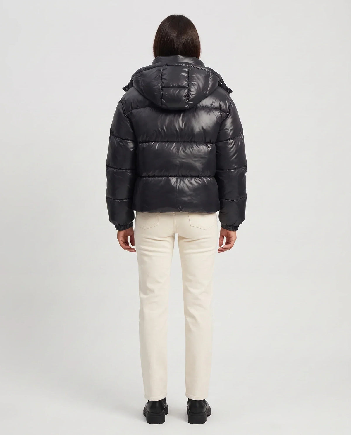 Short Shiny Hooded Puffer Jacket with Puffy Channels