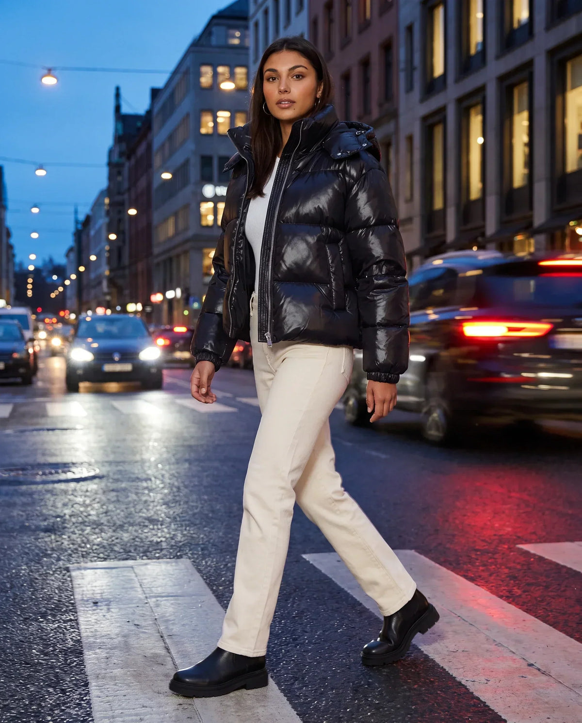 Short Shiny Hooded Puffer Jacket with Puffy Channels