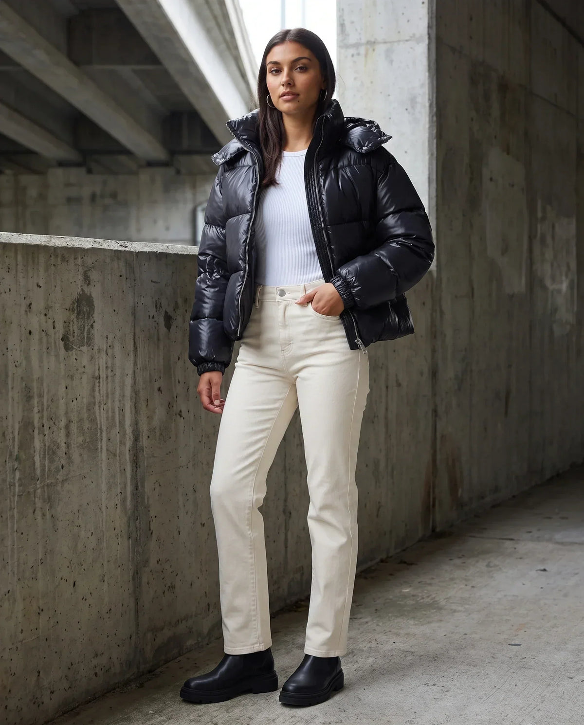 Short Shiny Hooded Puffer Jacket with Puffy Channels
