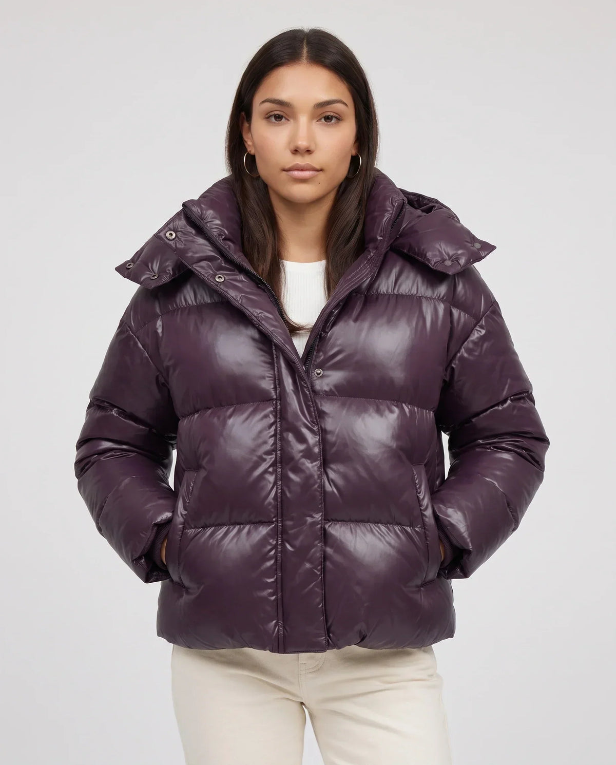 Short Shiny Hooded Puffer Jacket with Puffy Channels
