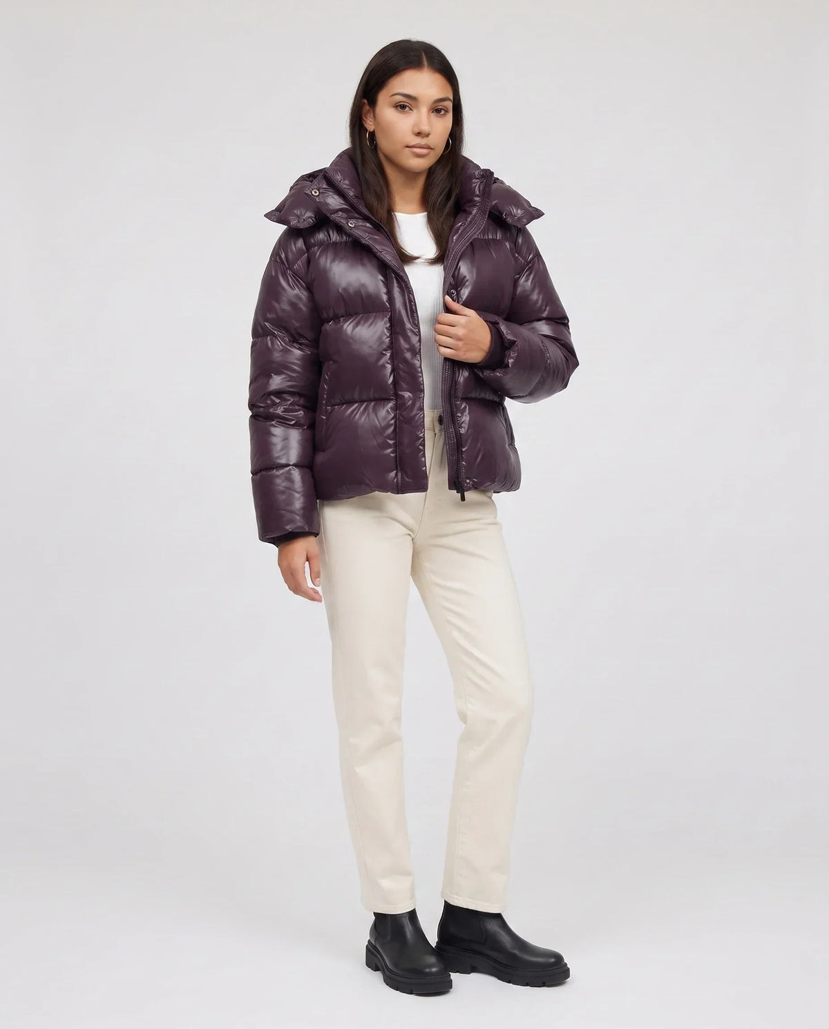 Short Shiny Hooded Puffer Jacket with Puffy Channels