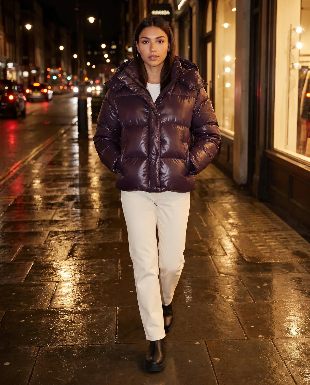 Short Shiny Hooded Puffer Jacket with Puffy Channels